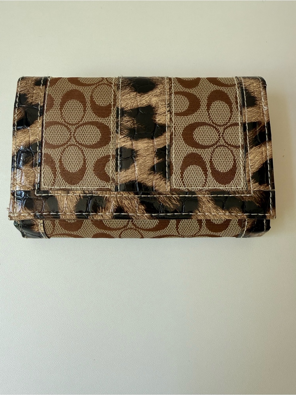 Coach Brown Signature Wallet with Leopard-Print Trim
